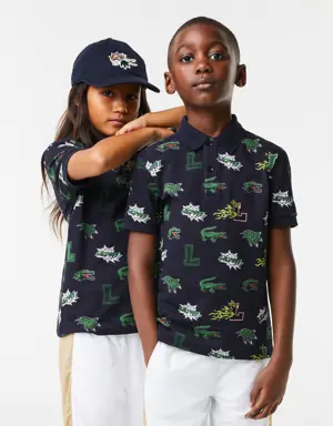 Kids' Lacoste Holiday Comic Effect Crocodile Print Polo Shirt