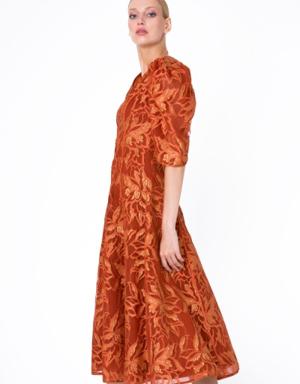 Stripe Detailed Lace Fabric Orange Midi Dress