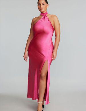 Audrey Halter Neckline Satin Maxi Dress