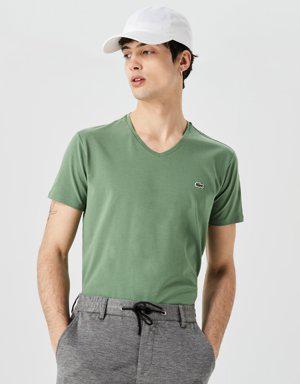Erkek Slim Fit V Yaka Yeşil T-Shirt