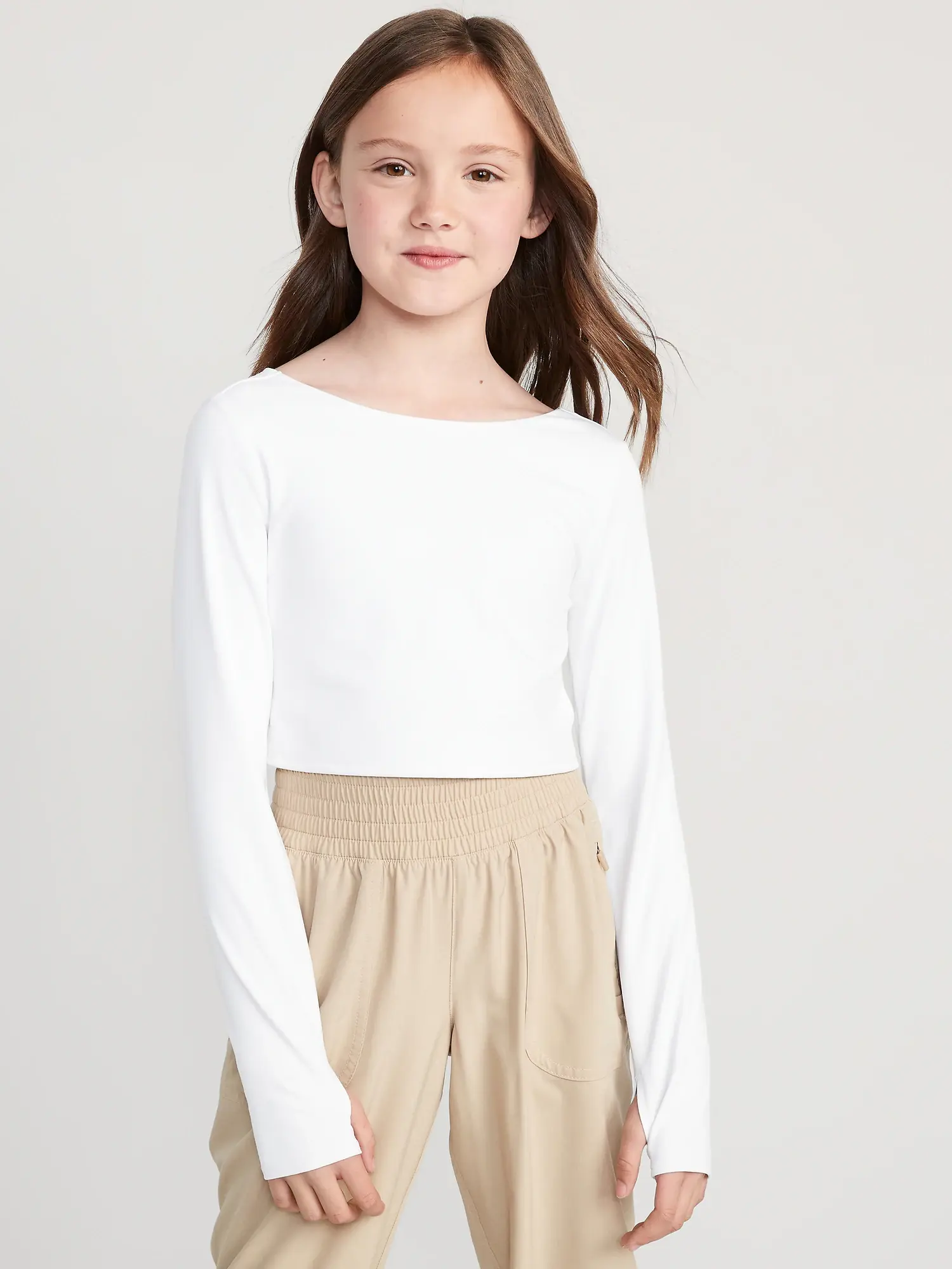 Old Navy PowerSoft Cropped Twist-Back Performance Top for Girls white. 1
