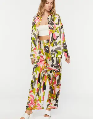Forever 21 Abstract Floral Wide Leg Pants Green Apple/Multi