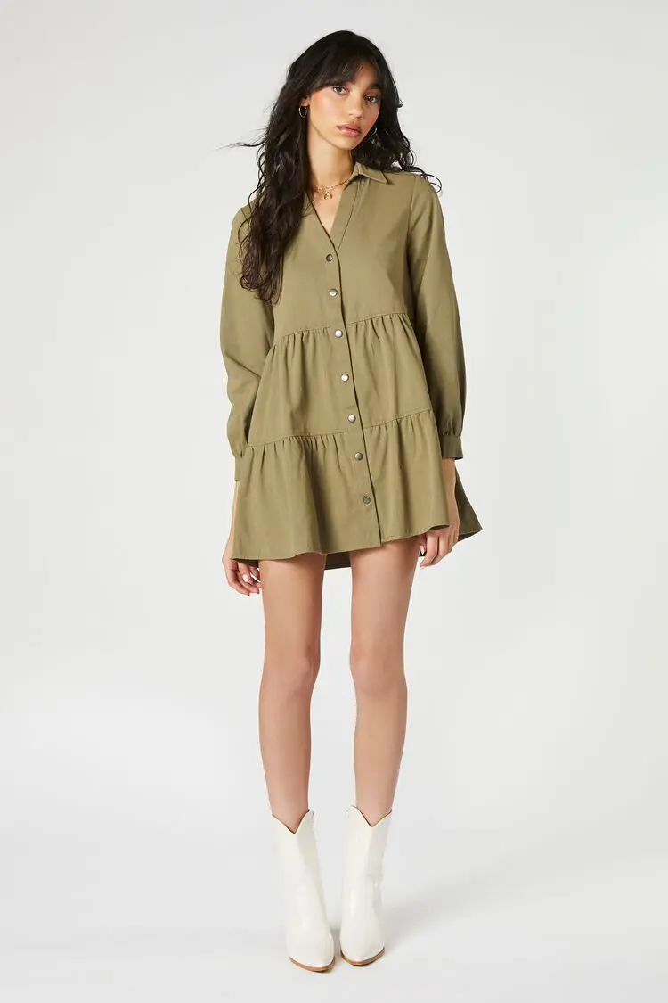 Forever 21 Forever 21 Tiered Mini Shirt Dress Olive. 1