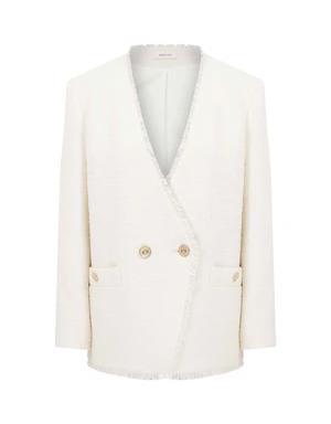 Gold Buttoned Double Breasted Tweed Cream Jacket