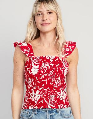 Fitted Ruffle-Trim Smocked Floral Top red