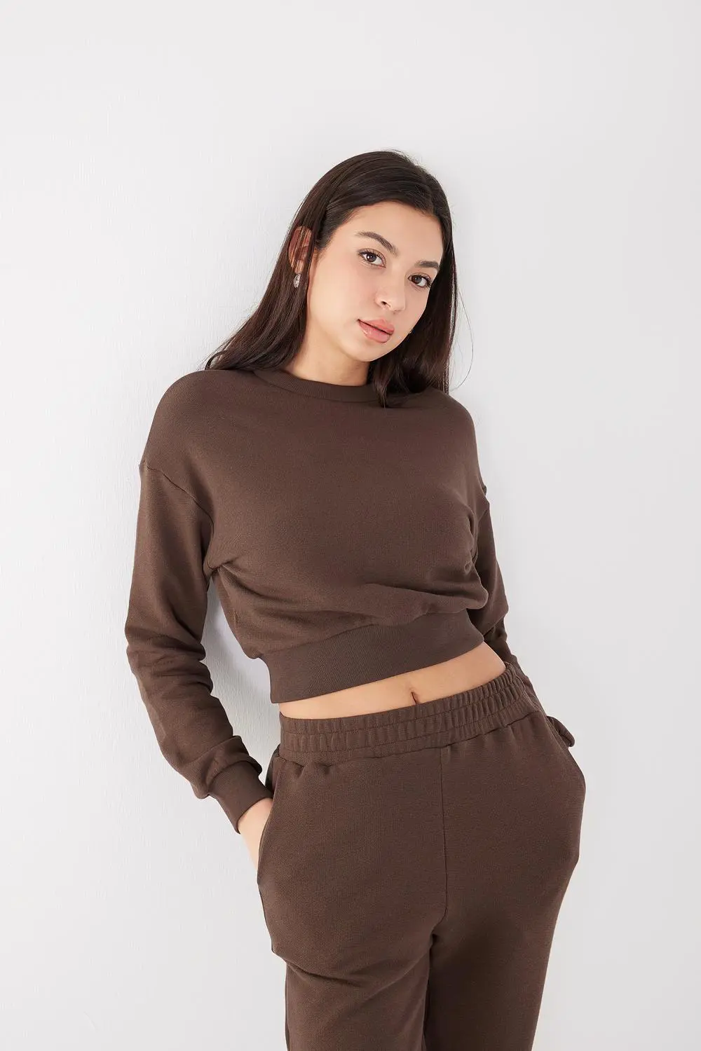 Addax Bisiklet Yaka Basic Crop Sweatshirt. 2