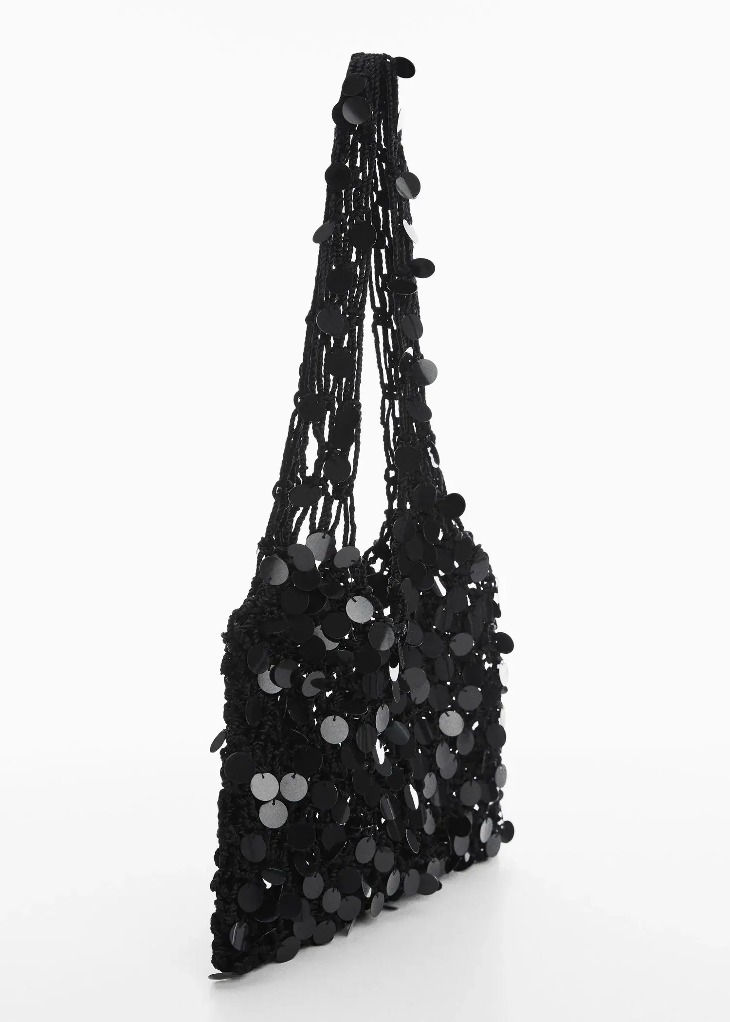 Mango Sequined net bag. a black bag with a bunch of black beads 