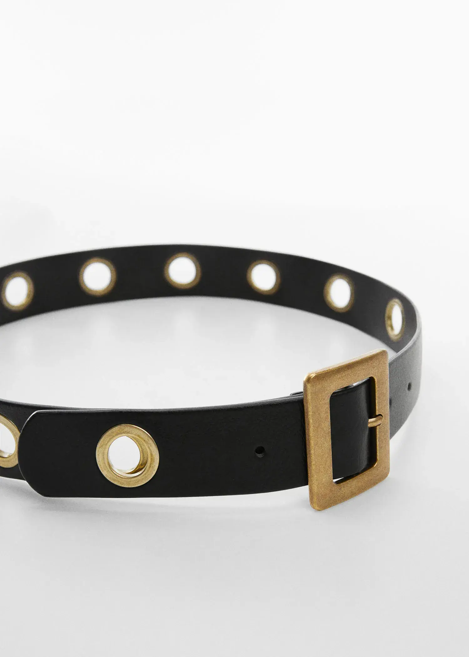 Mango Hoop belt. a black leather belt with a gold buckle. 