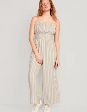 Striped Linen-Blend Cropped Smocked Cami Wide-Leg Jumpsuit for Women white
