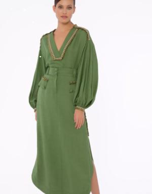 Stripe And Bead Detail Ankle Length Side Slit Green Skirt