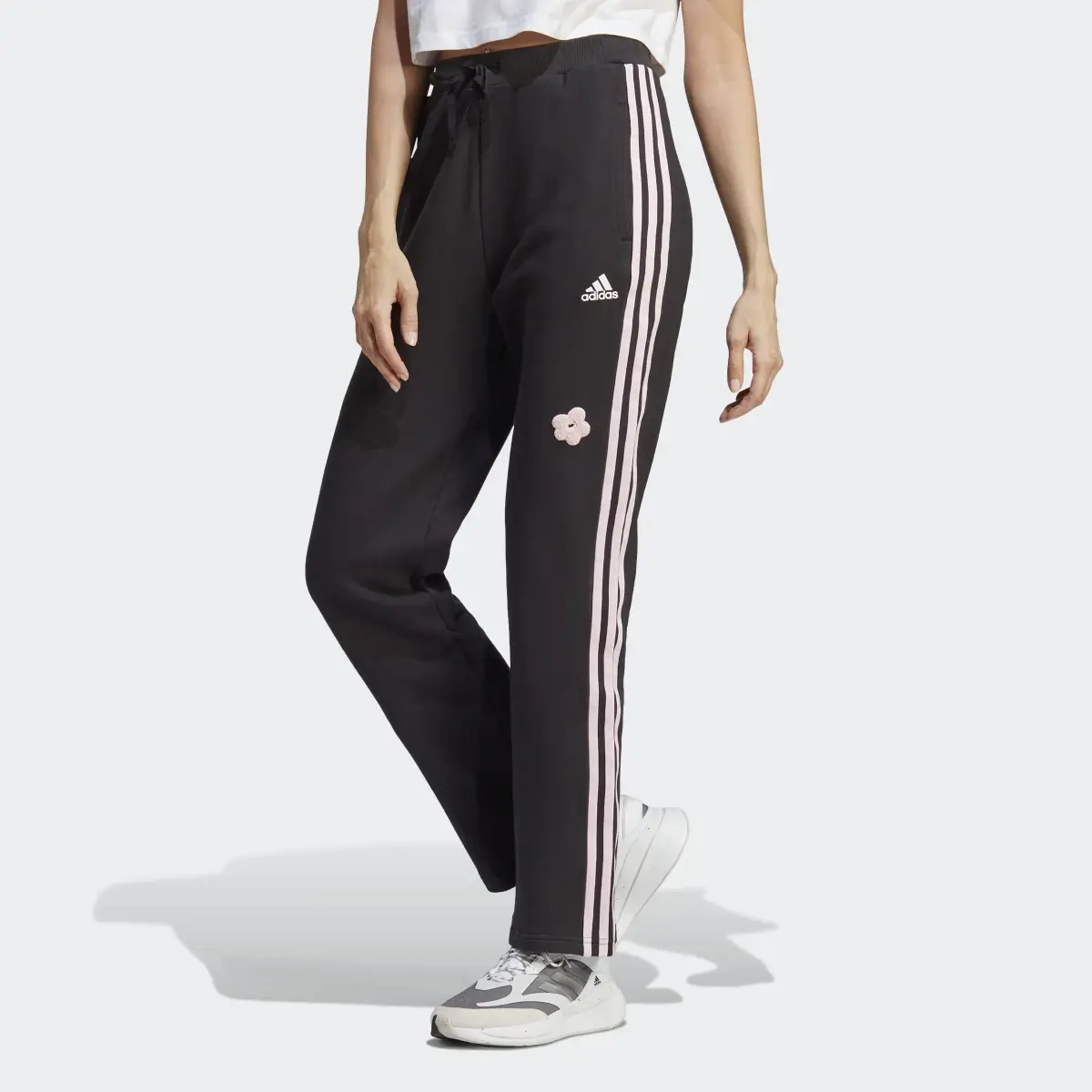 Adidas 3-Stripes High Rise Joggers with Chenille Flower Patches. 1