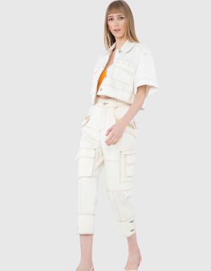 Short Sleeve Crop White Jacket With Embroidery Detailed Pockets