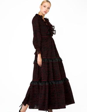 Ruffle and Lace Detail Long Black Dress