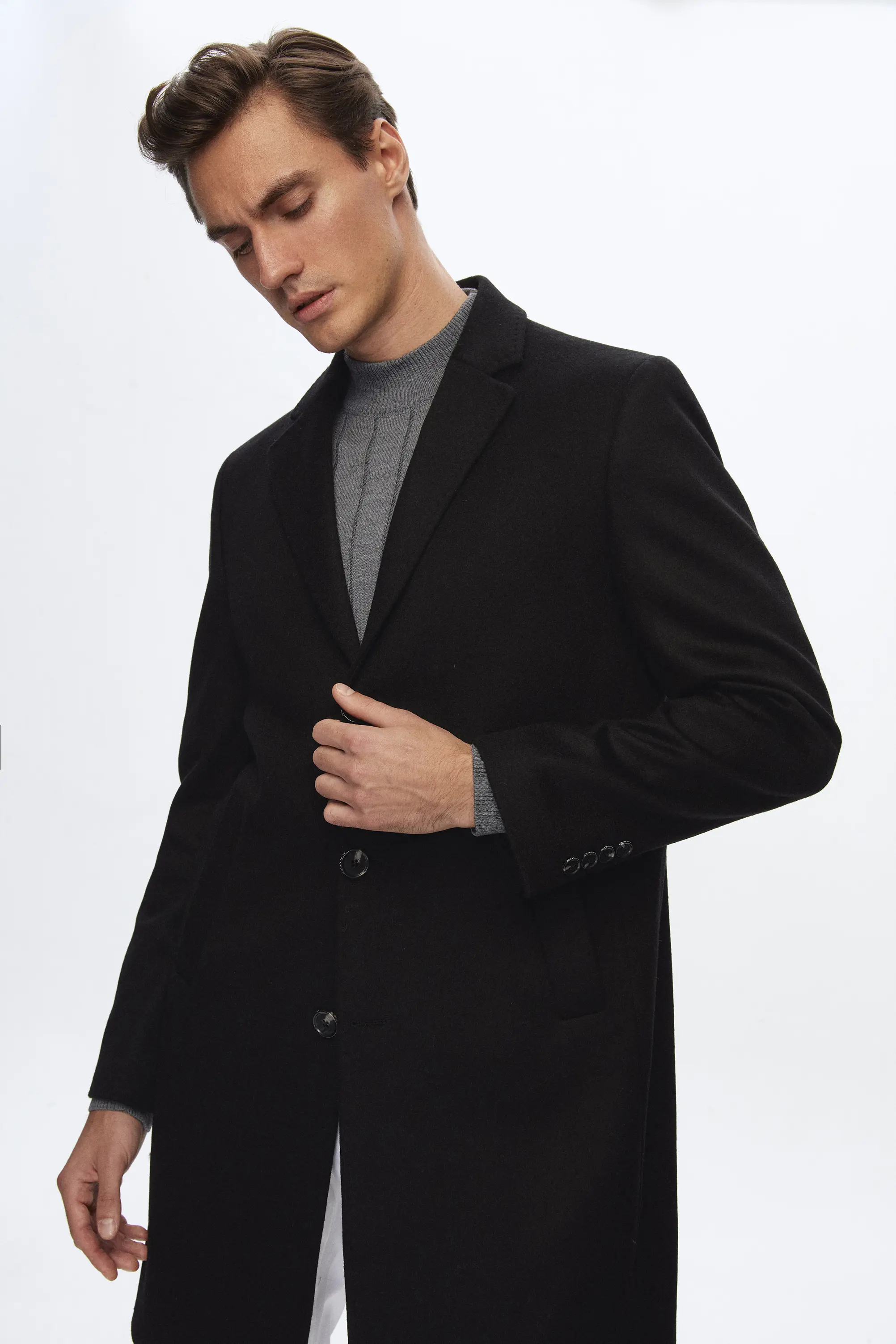 Damat Tween Damat Slim Fit Siyah Kaşmir-Yün Karışımlı Palto. 2