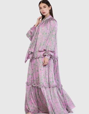 Pleated Pink Maxi Length Dress With Cape Sleeves