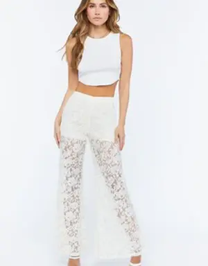 Forever 21 Sheer Lace Flare Pants Cream