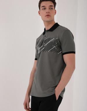 Çağla Sayı Detaylı Çizgi Baskılı Standart Kalıp Polo Yaka Erkek T-Shirt - 87955