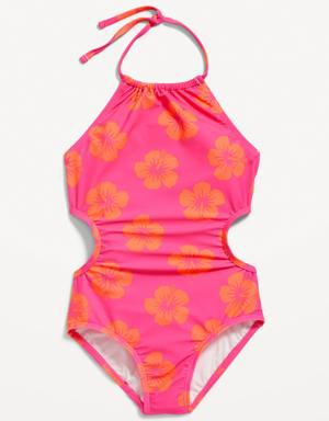 Printed Halter Side-Cutout One-Piece Swimsuit for Girls pink