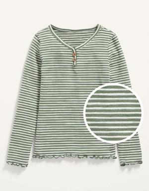 Cozy Striped Slub-Knit Lettuce-Edge Henley T-Shirt for Girls green