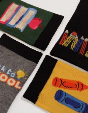 4'lü Paket Back To School Çocuk Soket Çorap Desenli