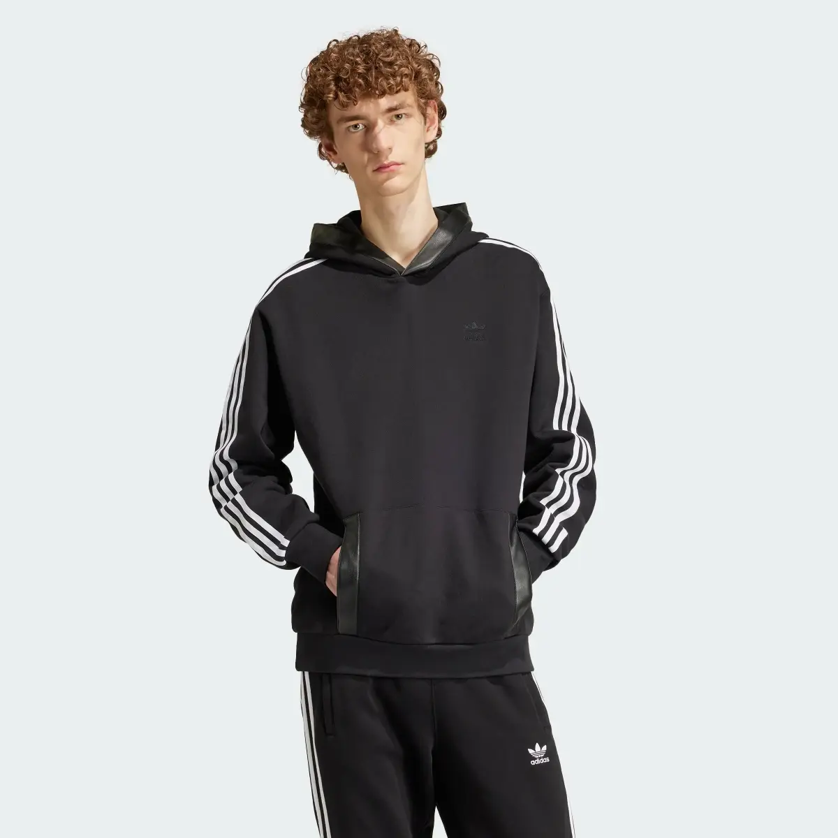 Adidas Faux Leather Adicolor 3-Stripes Heavy Fleece Hoodie. 2