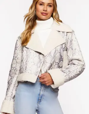 Forever 21 Snakeskin Print Moto Jacket Ivory