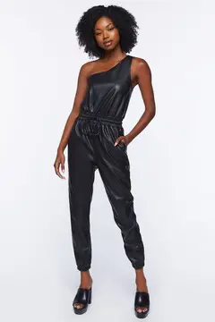 Forever 21 Forever 21 Faux Leather One Shoulder Jumpsuit Black. 2