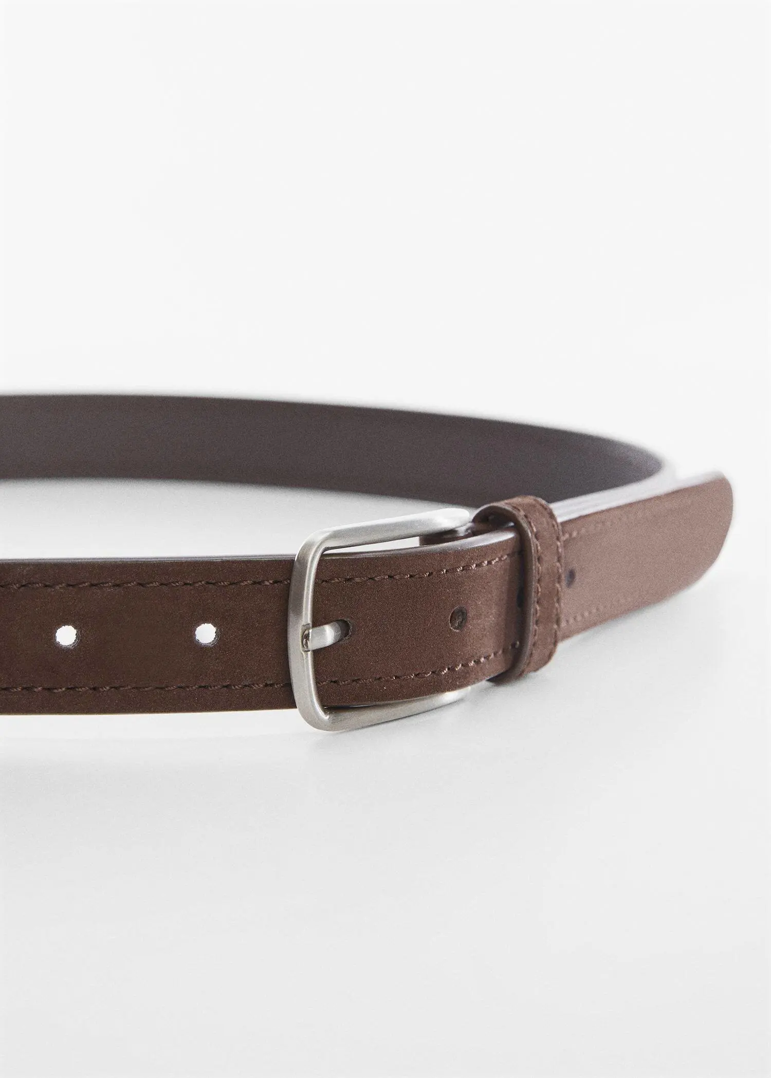 Mango Suede leather belt. a close-up of a brown leather belt with a silver buckle. 