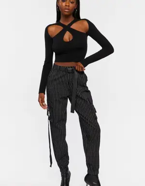 Forever 21 Pinstripe Belted Cargo Pants Black/White