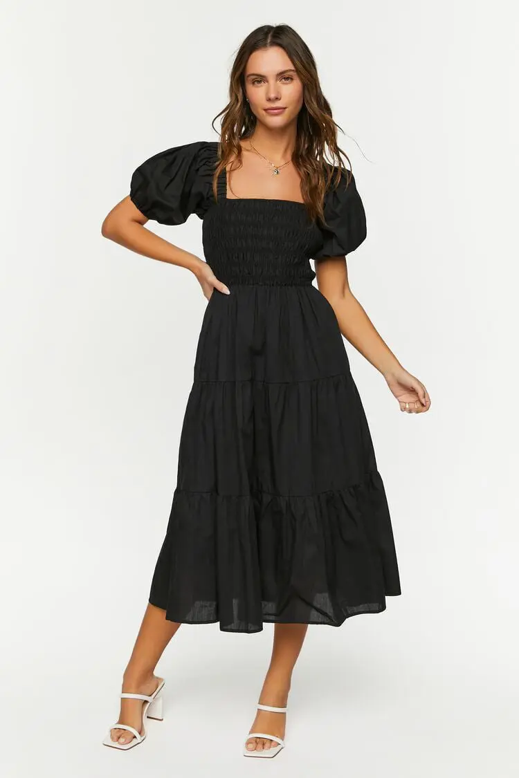 Forever 21 Forever 21 Smocked Puff Sleeve Dress Black. 1