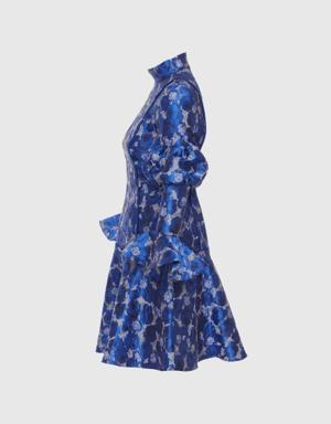 Floral Patterned Short Blue Jacquard Dress With Sleeve Detailed Ruffles