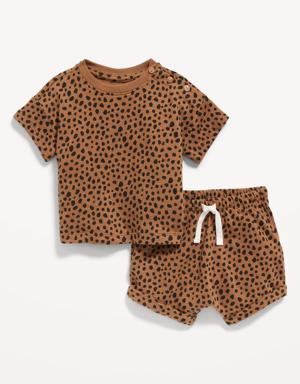 Unisex Buttoned-Shoulder Textured-Knit T-Shirt & Shorts Set for Baby brown