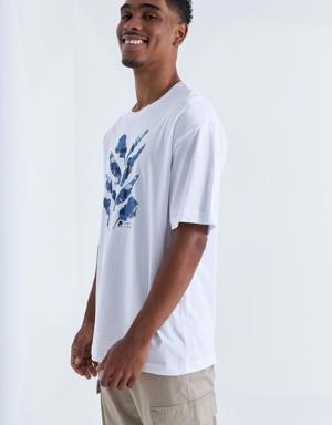 Beyaz Büyük Baskılı O Yaka Erkek Oversize T-Shirt - 88092