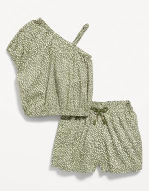 One-Shoulder Slub-Knit Top and Shorts Set for Toddler Girls green