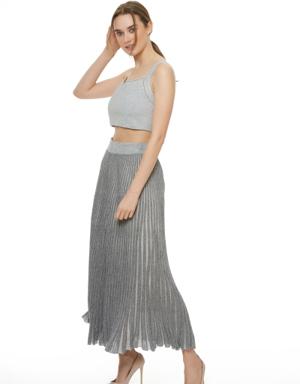 Metallic Gray Knitwear Pleat Midi Skirt