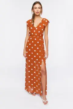 Forever 21 Forever 21 Polka Dot Butterfly Sleeve Maxi Dress Tan Cream
