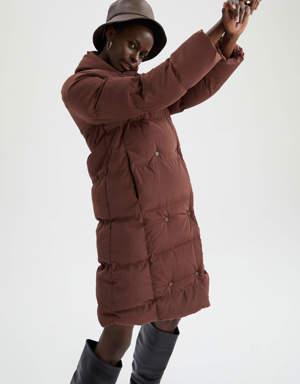 Su İtici Oversize Fit Dik Yaka Dolgulu Şişme Uzun Mont Parka