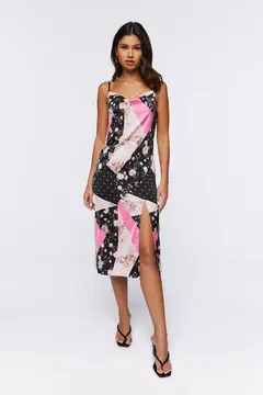 Forever 21 Forever 21 Patchwork Satin Midi Dress Black/Multi. 2