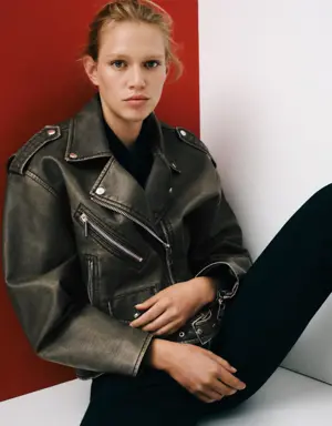 Oversized worn-effect biker jacket