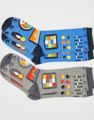 2 li Paket Zaman Makinesi Erkek Çocuk Soket Çorap Gri-Melanj./MAVİ