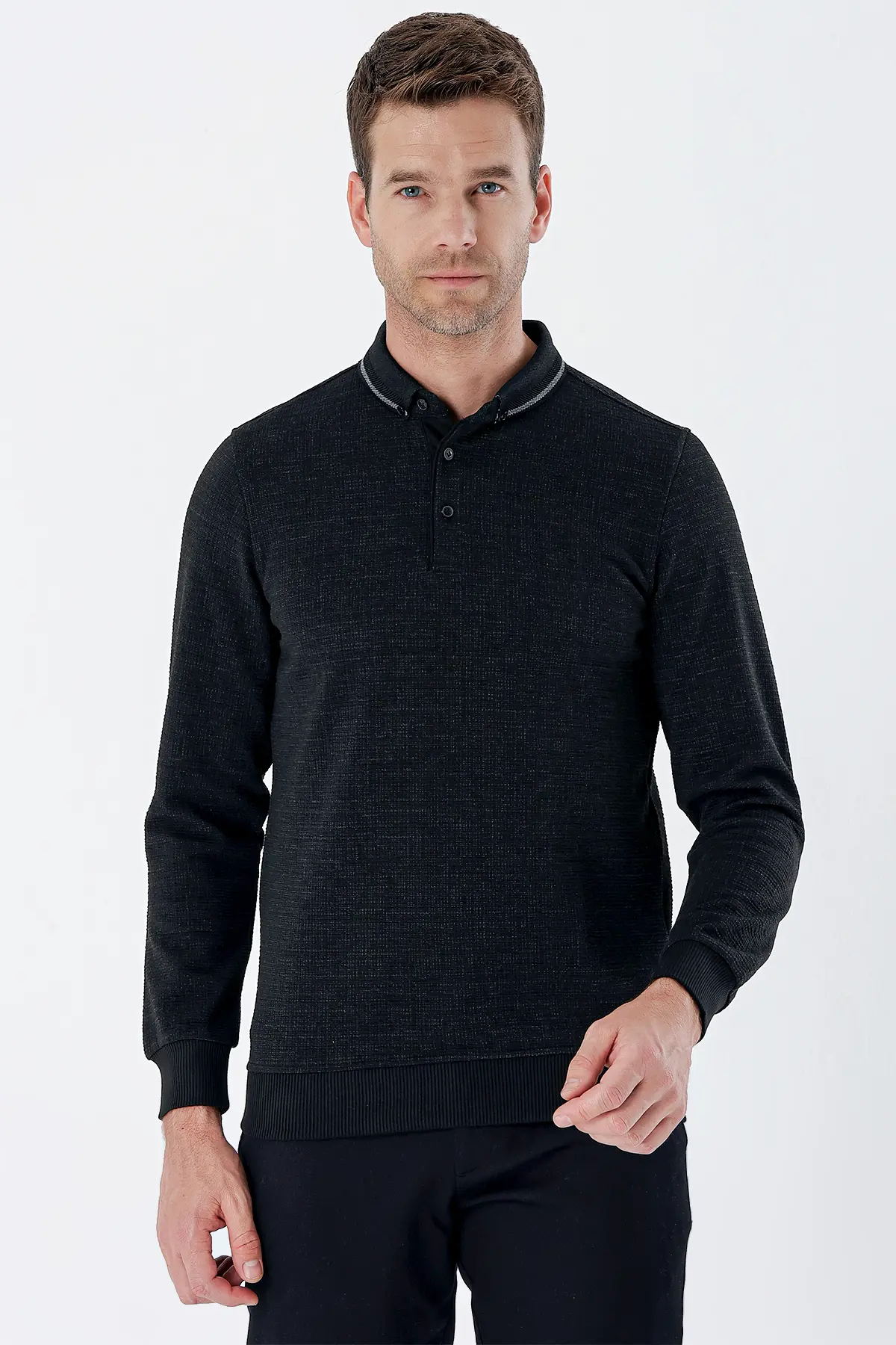 İmza Uzun Kollu Desenli Örme Polo Yaka Likralı Casual Comfort Fit Sweatshirt 1013235106. 1