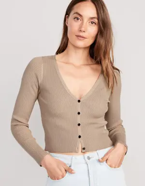 V-Neck Rib-Knit Cropped Cardigan Sweater for Women brown