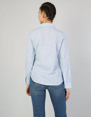 Klasik Yaka İşlemeli Slim Fit Kol Katlamalı Mavi Uzun Kol Gömlek