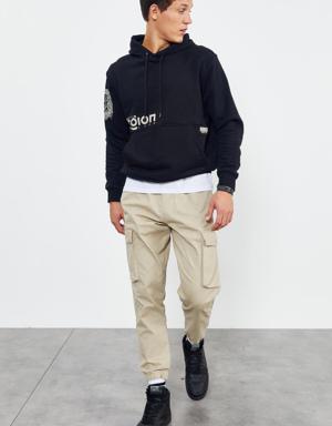 Siyah Yazı ve Desen Baskılı Kapüşonlu Rahat Form Erkek Sweatshirt - 88011