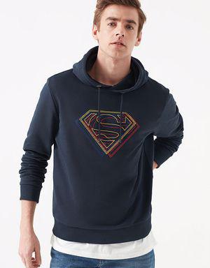 Superman Baskılı Kapüşonlu Lacivert Sweatshirt