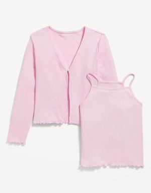 Rib-Knit Open-Front Button Cardigan & Cami Set for Girls pink