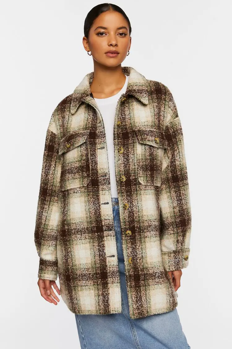 Forever 21 Forever 21 Plaid High Low Shacket Olive/Multi. 1