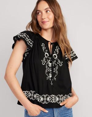 Matching Embroidered Flutter-Sleeve Top for Women multi