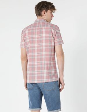 Regular Fit Shirt Neck Kareli Turuncu Erkek Kısa Kol Gömlek