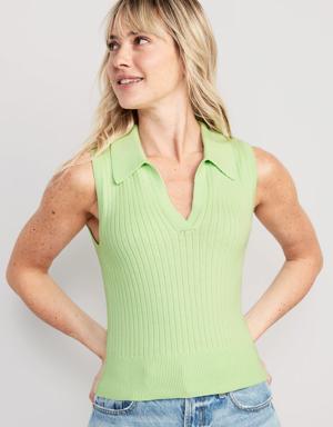 Sleeveless Rib-Knit Cropped Polo for Women green